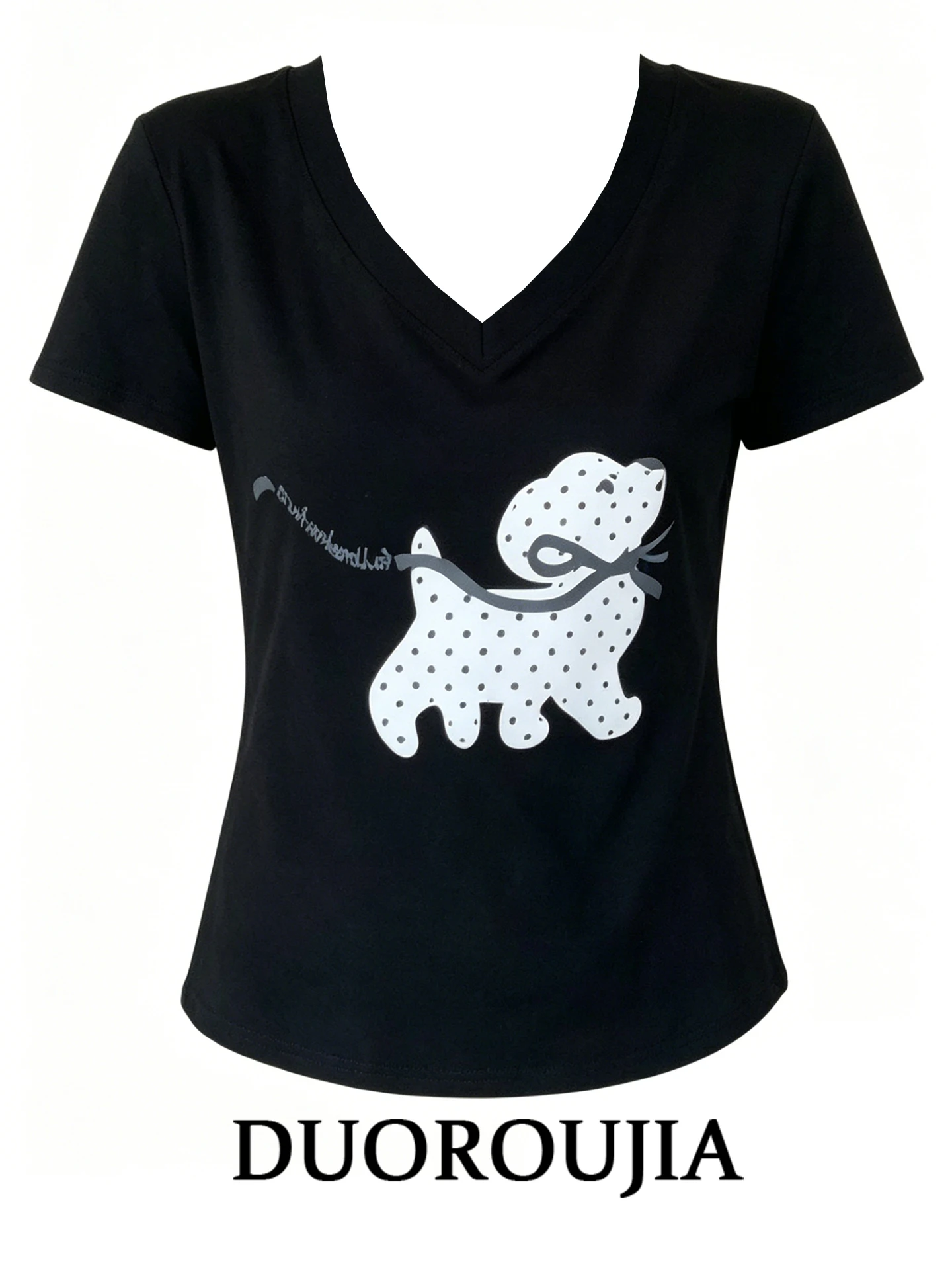 

DUOR plus Size Korean Style V-Neck Dog Print Short Sleeve T-Shirt Women's Summer Slimming Versatile Top Casual Fashion