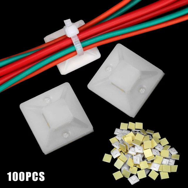 Biały 100 szt. Samoprzylepne mocowanie Zaciski do siedzenia Zip Tie Mount Drut Uchwyt ścienny 2 cm x 2 cm Podstawa opaski kablowej