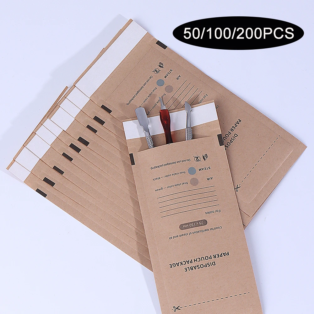 50/100/200Pcs Kraft Paper Cleaning Bag Self-Sealing Disposable Sterilization Disinfection Cleaning Bag For Dental And Nail Tools