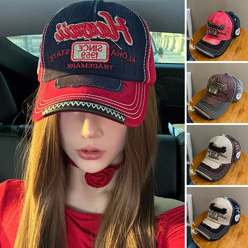 RICYGVM American Retro Baseball Cap für Frauen Denim Ente Zunge Hut Vintage Rot Schirmmützen Outdoor Mädchen Sport Sonnenschutz Visiere
