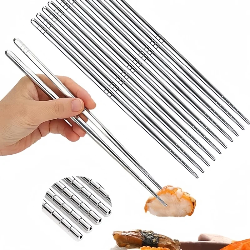 1/2/5 pares de palillos de acero inoxidable plateados, palillos de metal antideslizantes, ligeros y reutilizables, juego de vajilla para cocina
