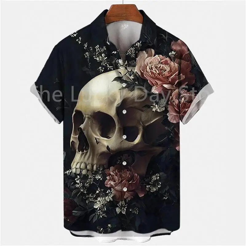 

Men's Summer Skull Fashion Y2k Hawaiian Oversized Short Sleeve Shirt Casual Clothing Harajuku Pattern Social Vintage Camisa