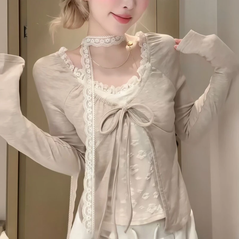 

Korean Style Sweet Bow Lace Collar Faux Two-piece Long Sleeve T-shirt Women 2025 Autumn Winter New Slim-fit Elegant Tops Chic