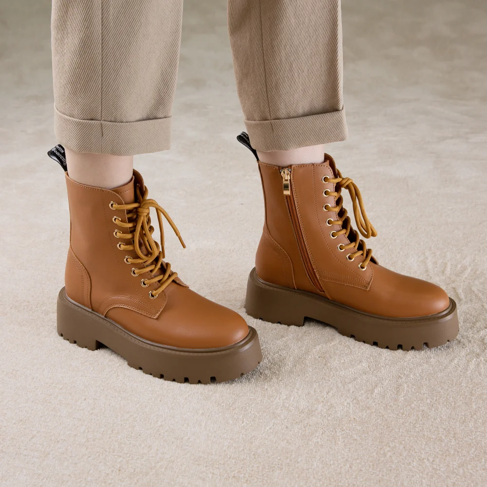 Taoffen Casual Ankle Boots For Women Comfortable Square Heel Thick Bottom Non-slip Booties Ladies With Zipper Lace Up Lady Shoes