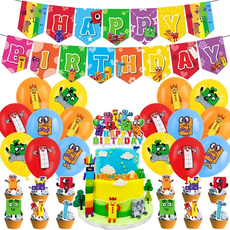 New 1Set Cartoon Number Building Blocksed Latex Balloons Happy Birthday Banner Party Decorations Cake Topper Numberblocked Gift