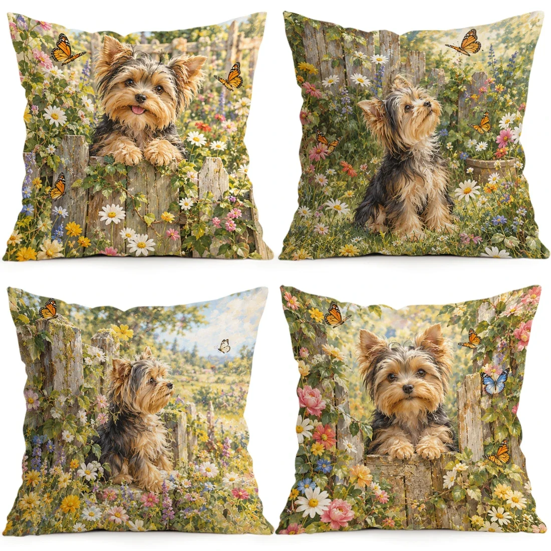 1/4pcs Yorkshire Puppy In The Garden Cushions Pillowcase Polyester Cushion Cover Throw Pillow Pillowcover Home Car Sofa Decor