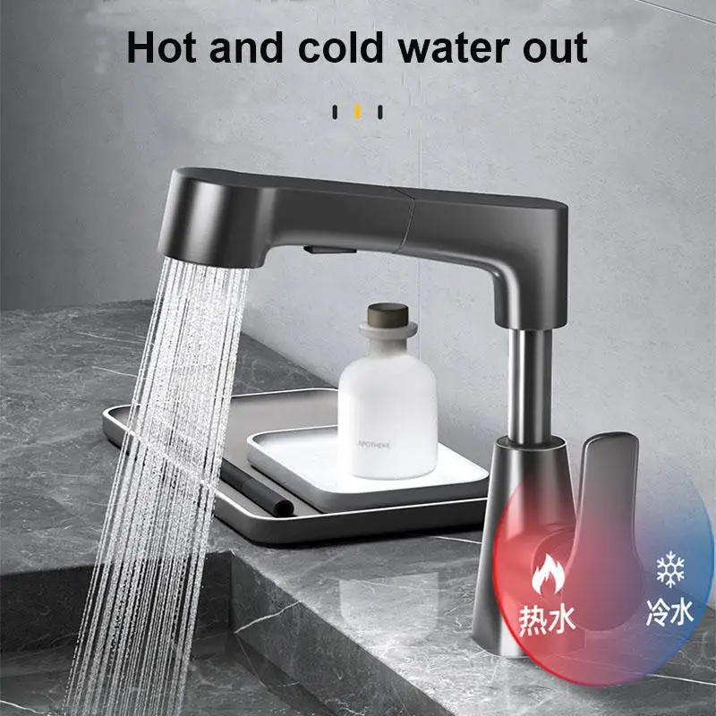 Pull Out Lift Bathroom Faucet 360°Rotatable Dual Spray Modes Basin Faucet Stainless Steel Kitchen Sink Hot Cold Faucet with hose
