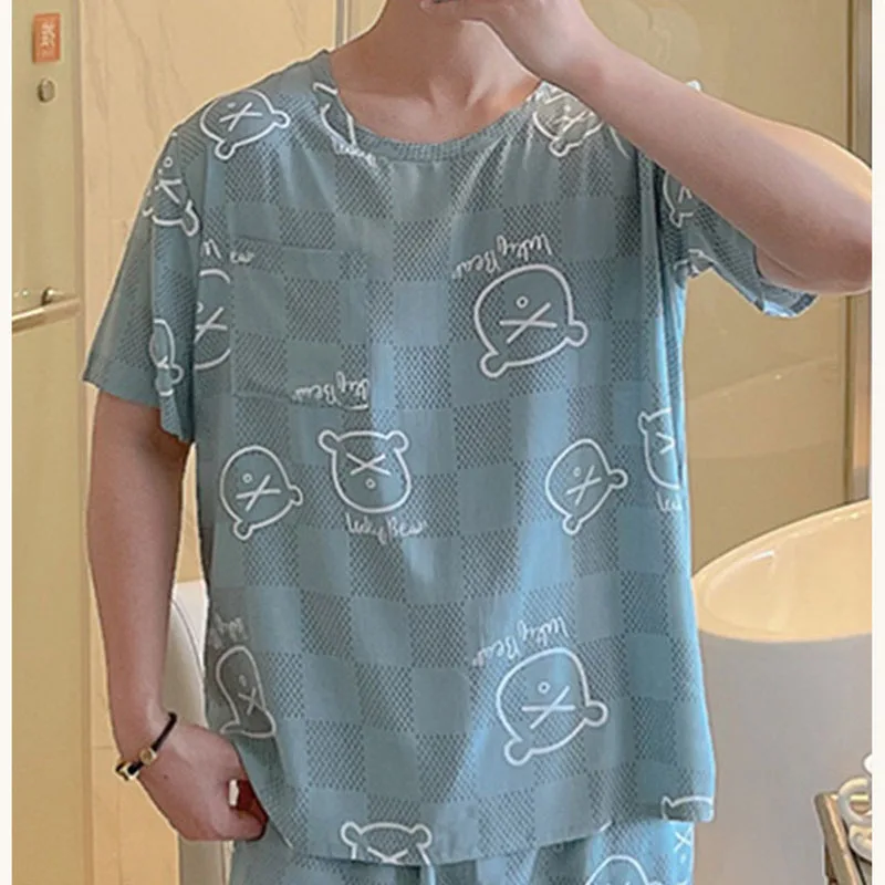 Two-Piece Set Fashion Sleepwear Short-Sleeved Men Silk Youth Pajamas Green Cartoon Bear Round Neck Home Wear Casual Breathable