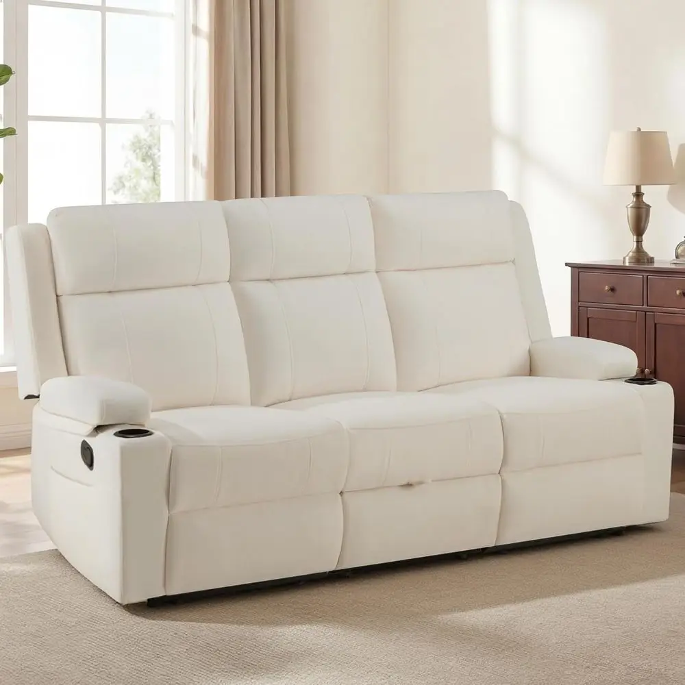 

Compact 3-Seat Reclining Sofa with Storage, Cup Holders, and Convertible Table for Living Room or Home Theater (Beige)