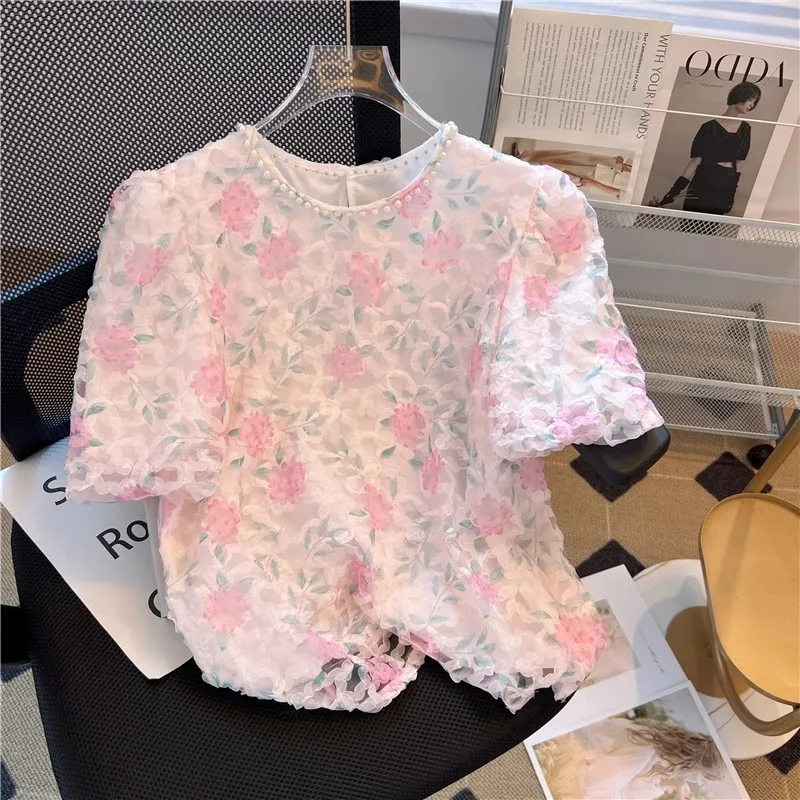 

French Elegant Floral Shirt Short Sleeved Top 2025 Summer Fashion Printed Nail Bead Splicing Pullover Loose Slim T-Shirt Women