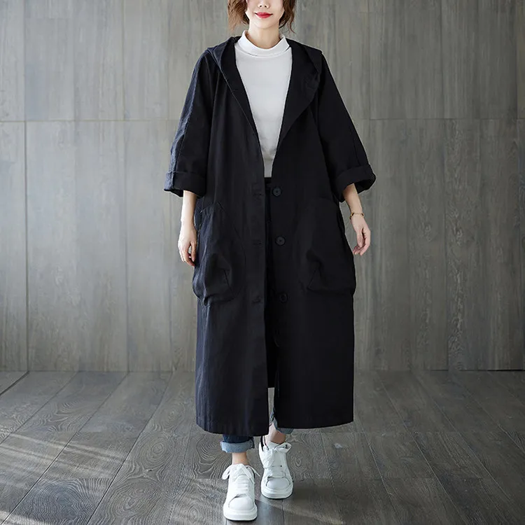Lässiger, übergroßer, langer Damen-Trenchcoat mit großen Taschen, knielang, mit Kapuze, winddicht, warm, mit Knöpfen, Mädchen-Trenchcoat – Detail 9