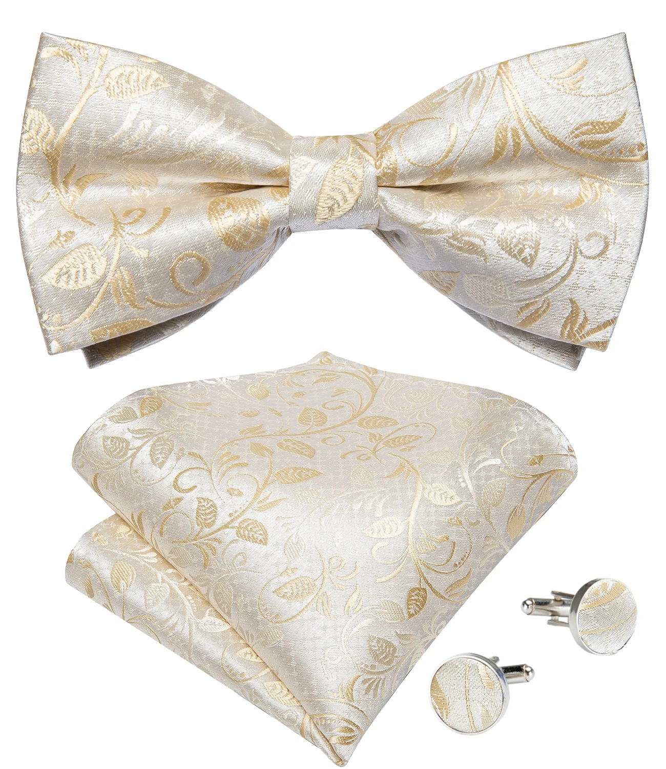 Klassisches schwarzes Herren-Fliege-Set mit Einstecktuch und Manschettenknöpfen – Paisley Gold Vorgebundene Fliege – Detail 17
