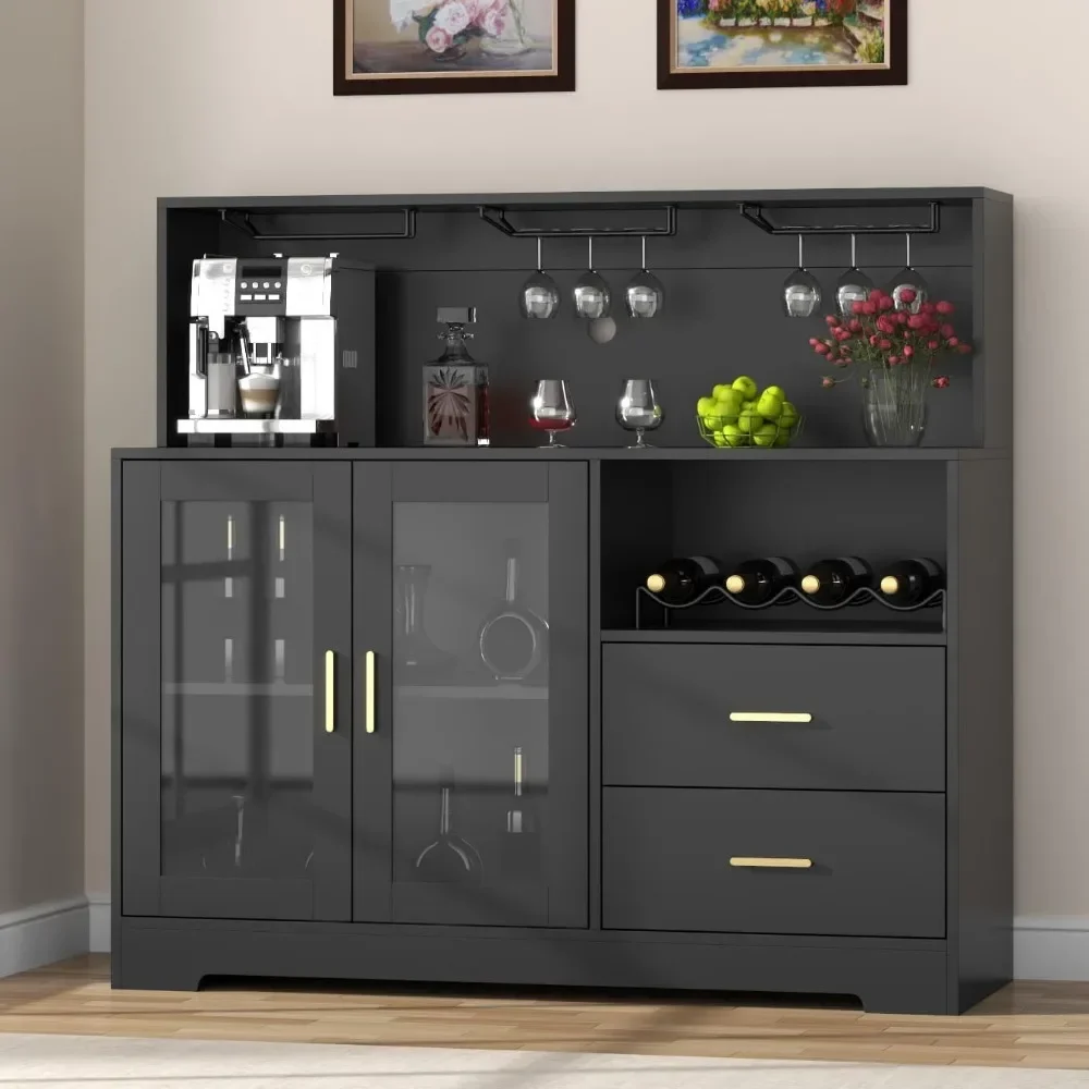 Mueble para bar de vinos con luz LED, mueble para café casero con estante para vino y vasos, aparador para buffet de cocina con mueble de almacenamiento