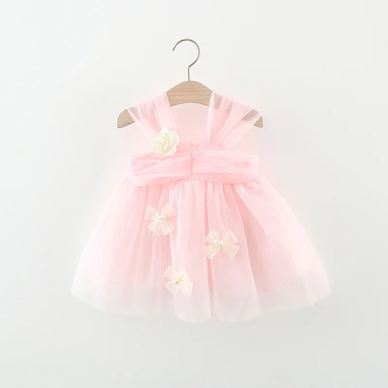 Summer Girl's Dress Baby Girl 0-3 Years Old 3D Flower Bow Pearl Solid Color Mesh Sling Princess Dress