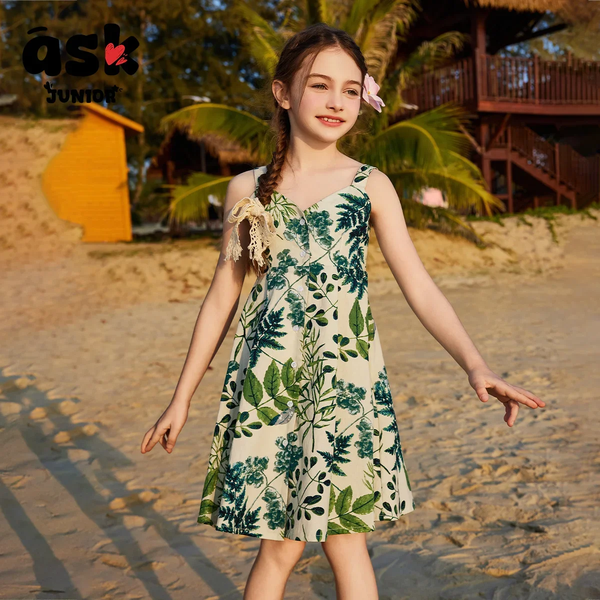 

Ask Junior Girls Summer Thin Breathable Full Printed Strap Princess Casual Vacation Kids Dress
