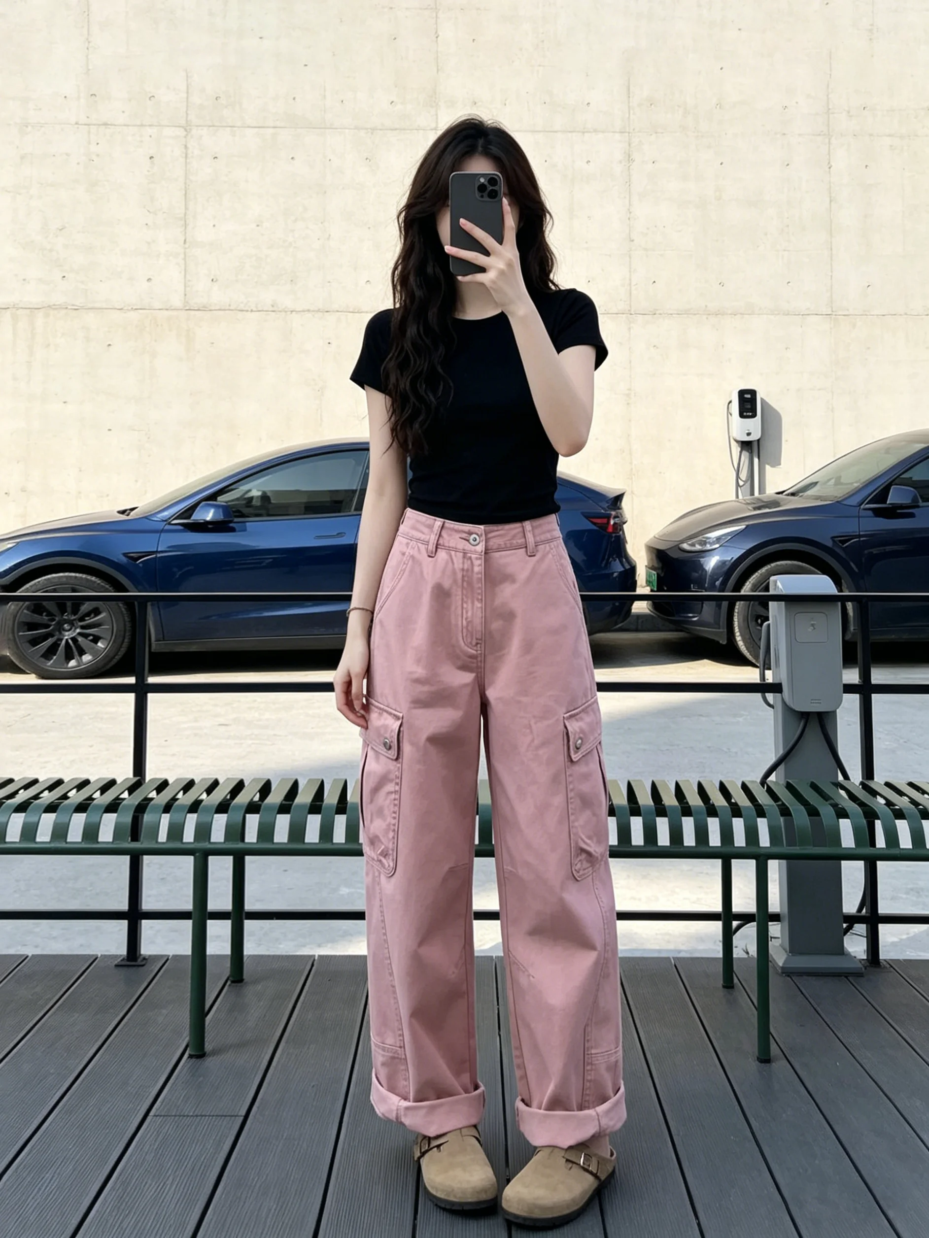 Korean Style Women's Pink Work Trousers Multi-Pocket Design Summer 2026 Loose Casual Wide Leg Pants High Waist Zipper