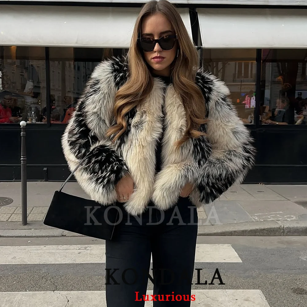 KONDALA Streetwear Patchwork manteaux de fourrure femmes col rond à manches longues vestes courtes mode 2026 printemps hiver décontracté élégant outwear