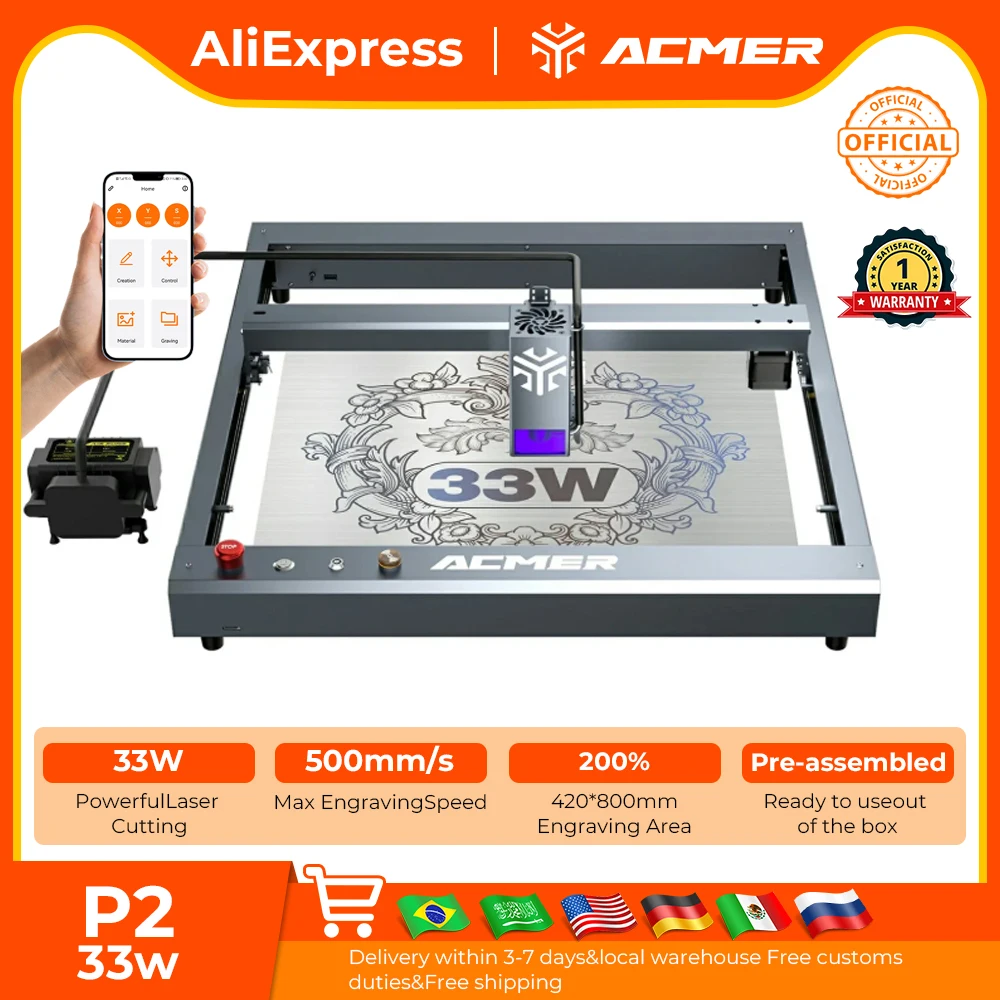 

ACMER P2 33W Laser Engraving Machine WIFI APP Offline Control CNC Blue Diode High Speed Cutting with Auto Air Assist Pump
