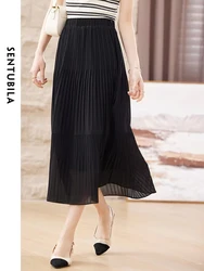 SENTUBILA Summer Elegant Black Pleated Skirts for Women 2024 Casual Elastic Waist A Line Basics Loose Umbrella Skirt 132Q48685