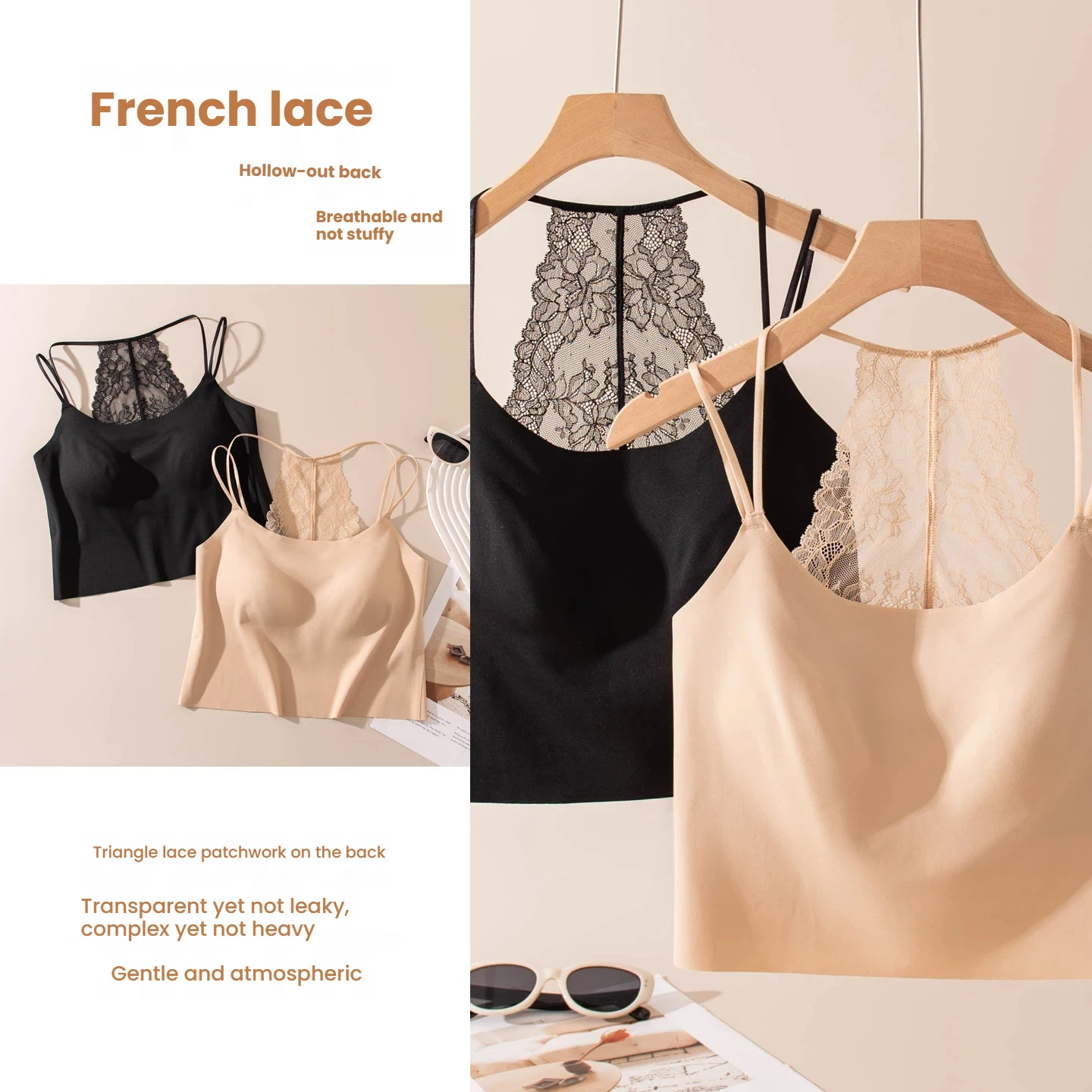 Women's Summer Silk Camisole Built-in Bra Triangle Lace Cutout Backless Halter Neck Cooling Breathable Moisture-wicking Vest