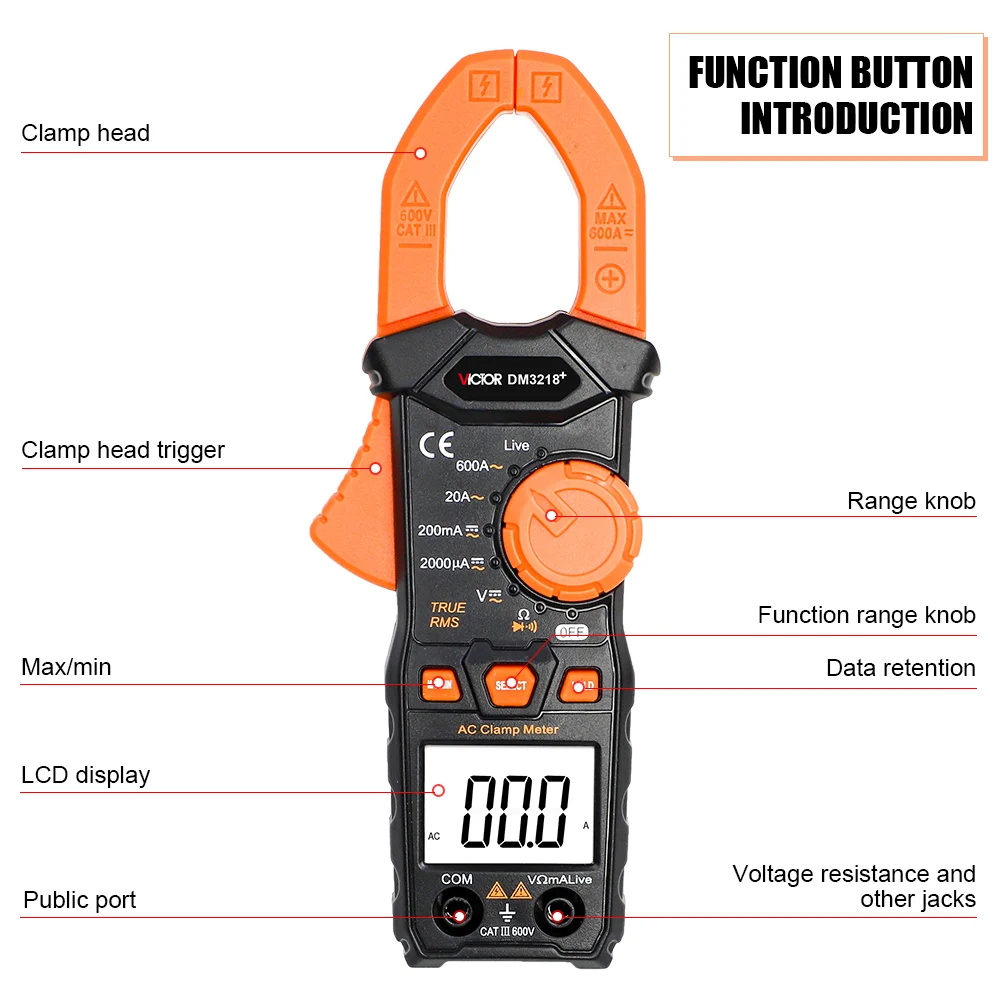 Victor 3218+ Digital Clamp Multimeter Ture RMS Auto Range Diode Resistance 20MΩ Frequency AC/DC 600V 600A Live Wire Clamp Meters