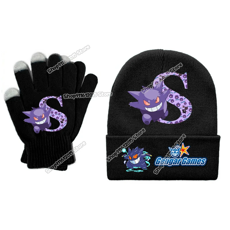 Pokemons gorros para niños guantes traje Gengar letra A-Z mitones tejidos dibujos animados Anime sombrero de invierno niña niño guantes de punto cálidos 2 uds