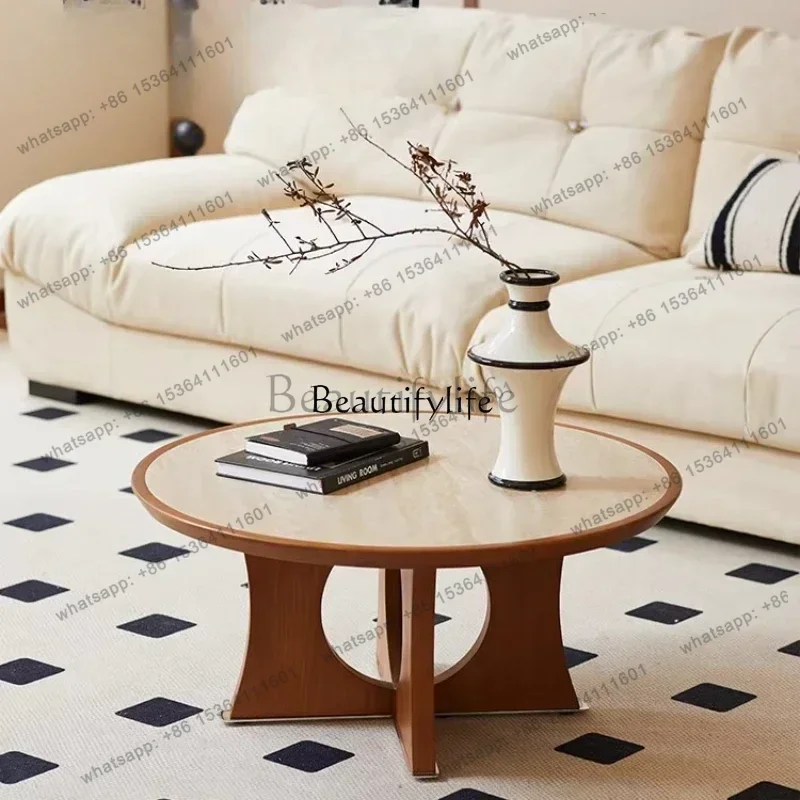 French retro solid wood travertine rock slab coffee table small apartment living room sofa side tableSSS Factory Direct