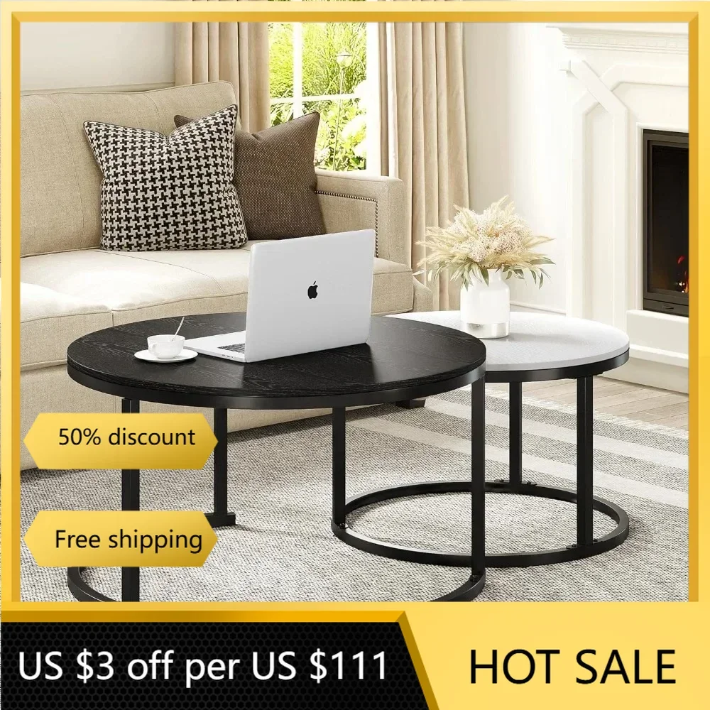 Nesting Coffee Tables Set of 2,Round Coffee Table for Living Room,Wood Coffee Tables with Sturdy Metal Frame, Black and White