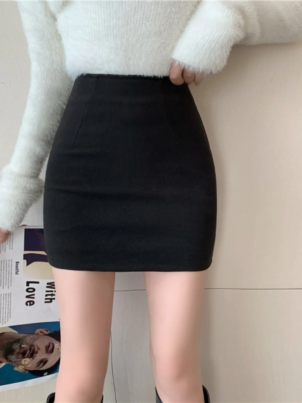 Sexy Slim Fit High Waist Woolen  Skirt Versatile Short Skirt Korean Style Commute Pure Color A-Line Polyester Fiber