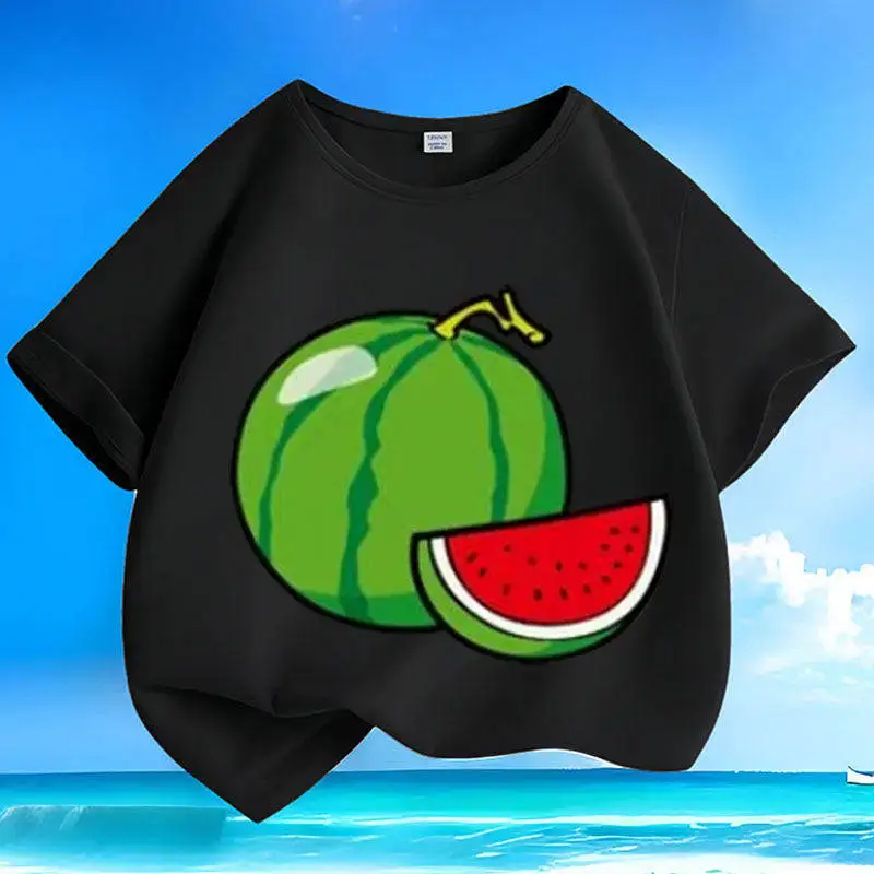 Cartoon Summer Watermelon Short Sleeved Small and Medium-sized Children's Round Neck Loose T-shirt Casual Parent-child Top