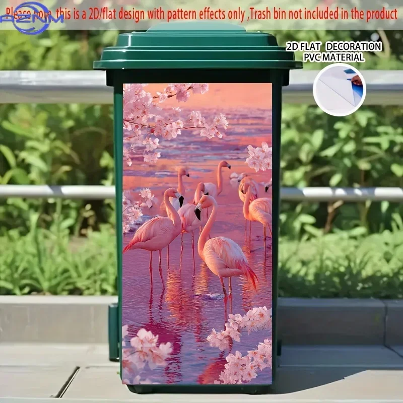 2D 1PC/FLAT Pink Flamingos & Cherry Blossoms Sunset Lake Self-Adhesive Dustbin Sticker, xinch, Romantic Pink-Toned Flami