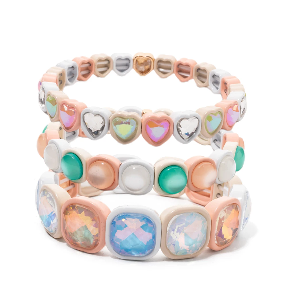 Off White Green Color Crytstal Beads Elastic Bracelets Sets For Women Bohe Triple Layered Rhinestone Bangle Accessory