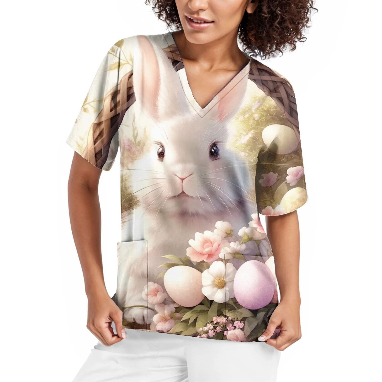 

Women Nursing Clothes Working Uniforms Cute Cartoon Easter Bunny Printed V Neck Pockets Nursing Scrubs Tops Nursing Uniforms