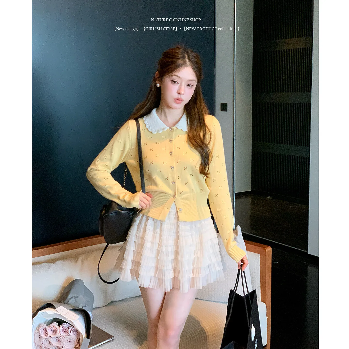 

Yellow Knitted ort Cardigan Women's Faion Spring Youthful Doll Collar Miu Sle Pure Cotton Soft Long Sve Button up