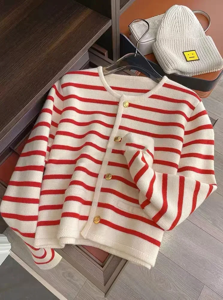 New Spring Autumn Y2k Sweaters O-neck Stripe Knitted Cropped Cardigan Fashion Long Sleeve Casual Short Tops Korean Style Women