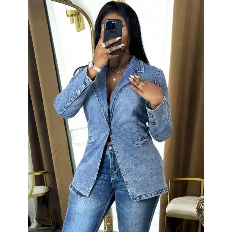 

Эластичный джинсовый костюм-жакет для женщин: новая модная верхняя одежда для женщин среднего возраста (трансграничная торговля)
