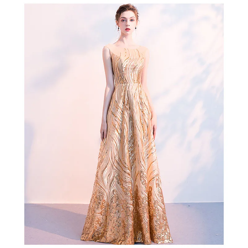 Robe de mariée à paillettes dorées, col rond, tulle brillant, longueur au sol, fouet de conception, robe de soirée à la mode, luxe haut de gamme, indépendant, nouveau