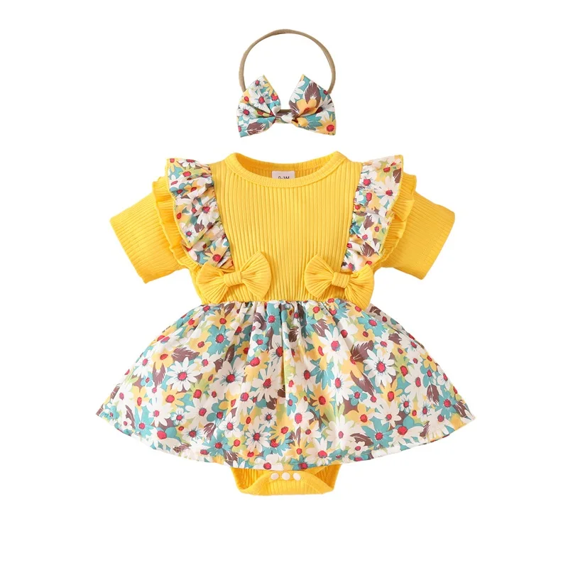 macacao-para-bebes-meninas-vestido-com-estampa-floral-saia-bainha-manga-curta-macacoes-bodysuits-com-faixa-para-cabeca