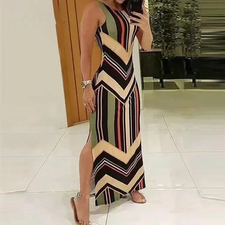 

2023 New summer Colorful Striped Print Side Slit Maxi Dress Women Colorblock Sleeveless Slim Long Dresses