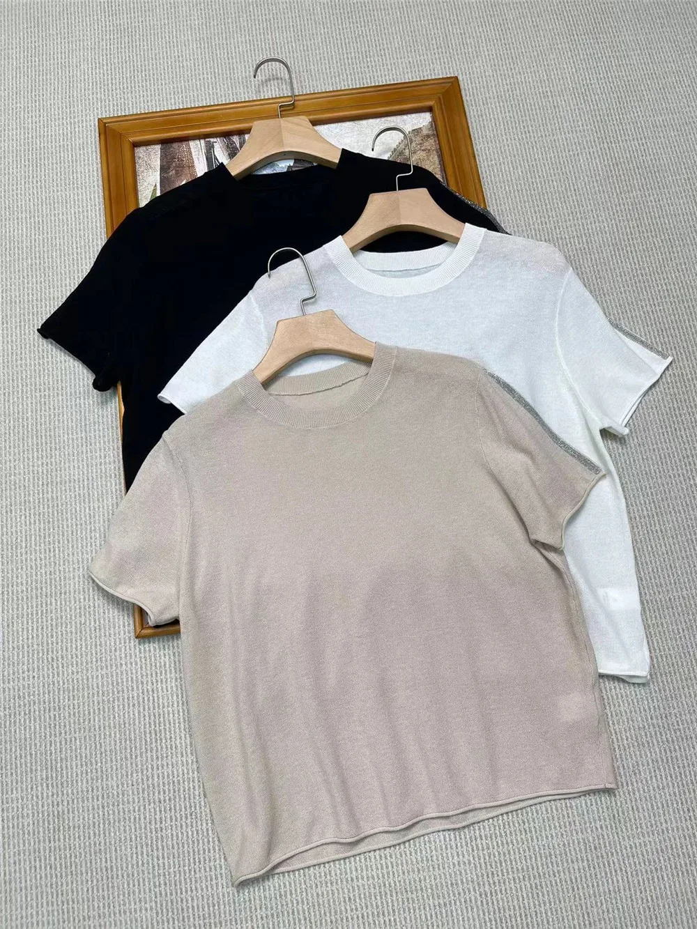 Women's Short Sleeve T-Shirt Silk Linen Bead Chain O-Neck Pullover Tops For Summer B*C Female Clothing