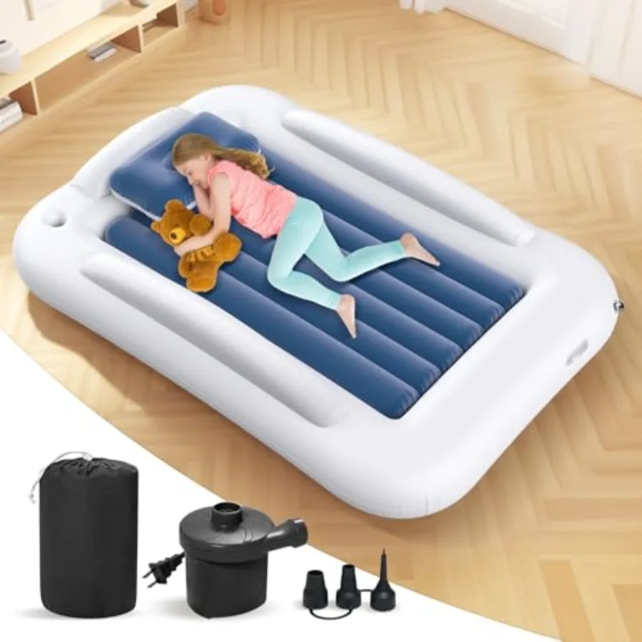 

Inflatable Toddler Travel Bed - 60 Inch Portable Toddler Bed for Travel with Safety Sides - Cozy Air Mattress Set with Built-in