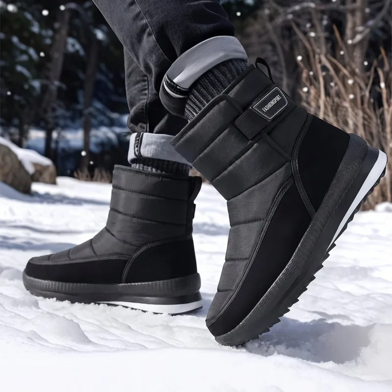 Men's Winter Snow Boots, Fleece Lined Warm Mid Calf Boots, Hook & Loop Non-Slip Waterproof Fabric Outdoor Thermal Shoes