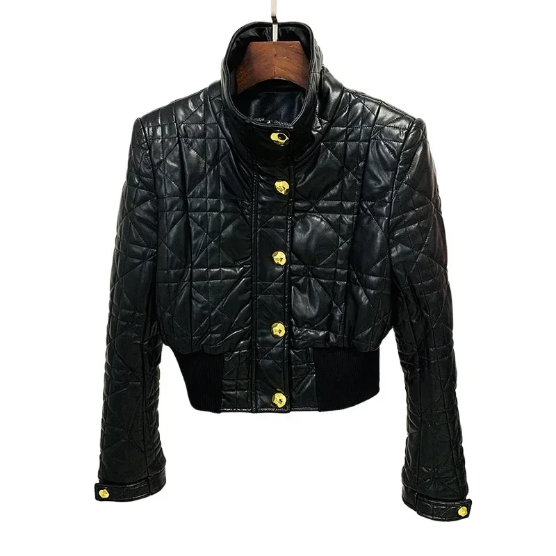 

Classic Gold Buttons Black Leather Jacket Women Motorcycle Lapel Long Sleeves New in Outwears Ladies Slim Short Coats Women