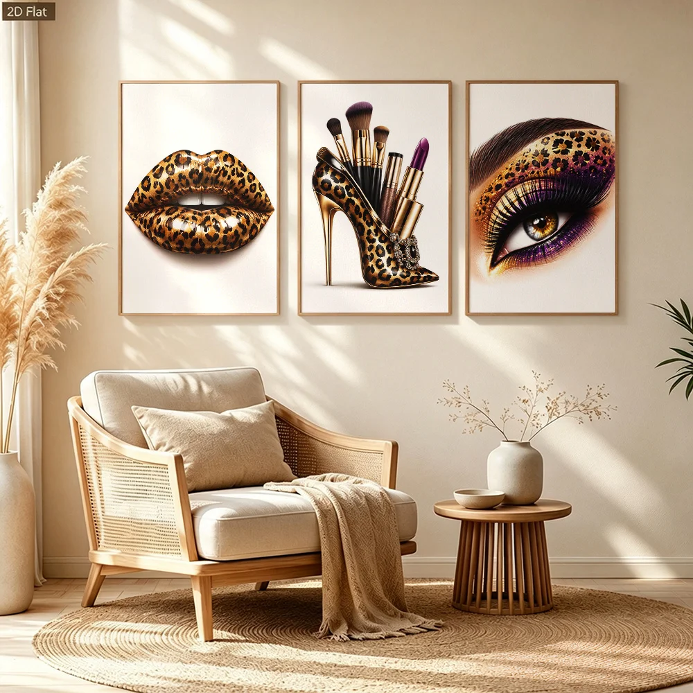 2D Flat, 3pcs Vertical Leopard Print High Heel Wall Art Suitable for Beauty-Themed Decor, Frameless Canvas Poster for Makeup