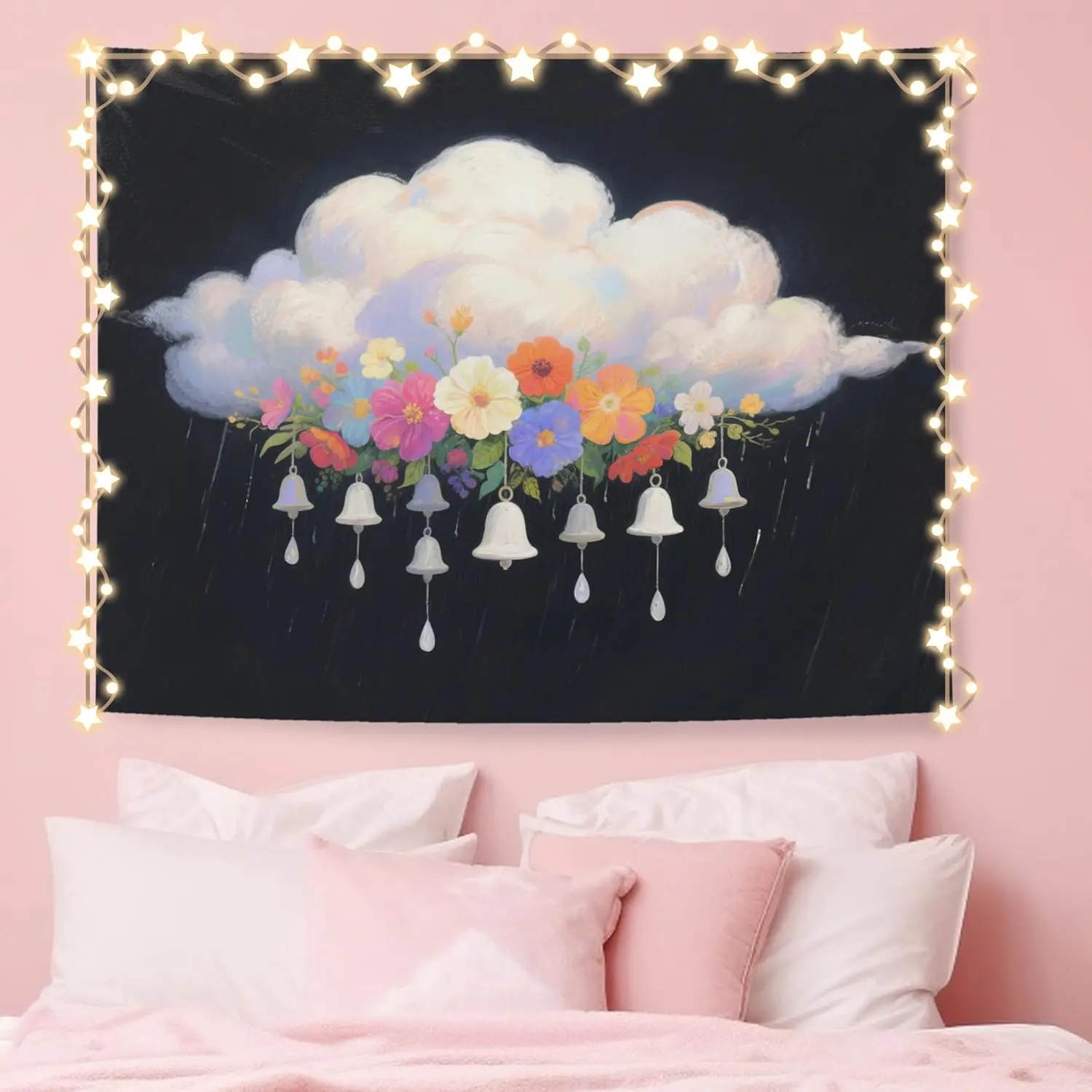 Bohemian Cloud Floral Tapestry Wall Hanging Dreamy Art Cottagecore Decor Nursery Room Living Room Boho Flower Tapestry Whimsical