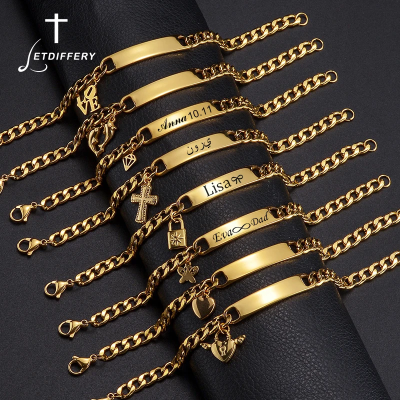 Letdierry 맞춤형 이름 각인 하트 크로스 팔찌, 스테인레스 스틸, 맞춤형 쿠바 체인 팔찌, 여성 쥬얼리 선물