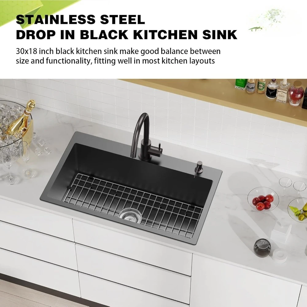 Fregadero de cocina, caída de acero inoxidable de 30x18 pulgadas en un solo cuenco moderno, fregadero de cocina de montaje superior, rejilla combinada, estera de silicona, desagüe