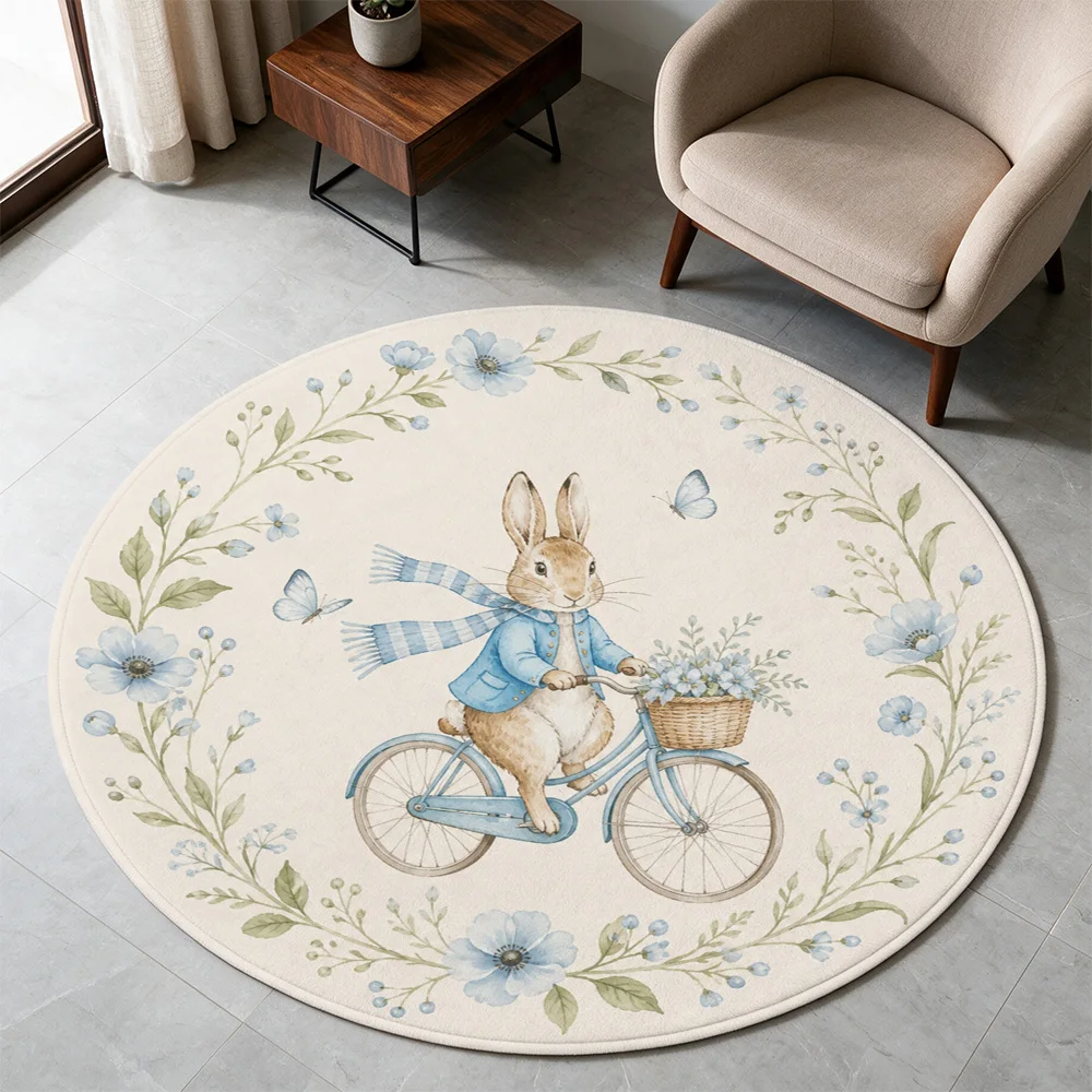 Cute Bunny Bicycle Floral Round Area Rug Nursery Kids Playroom Decor Washable Pet Mat