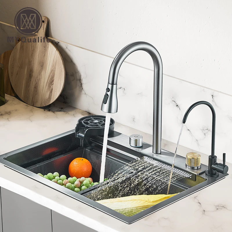 304 Stainless Steel Waterfall Kitchen Sink Large Single Slot Integrated 60X45cm Faucet Set Cup Washer 3Way Pull Out Sprayer Head