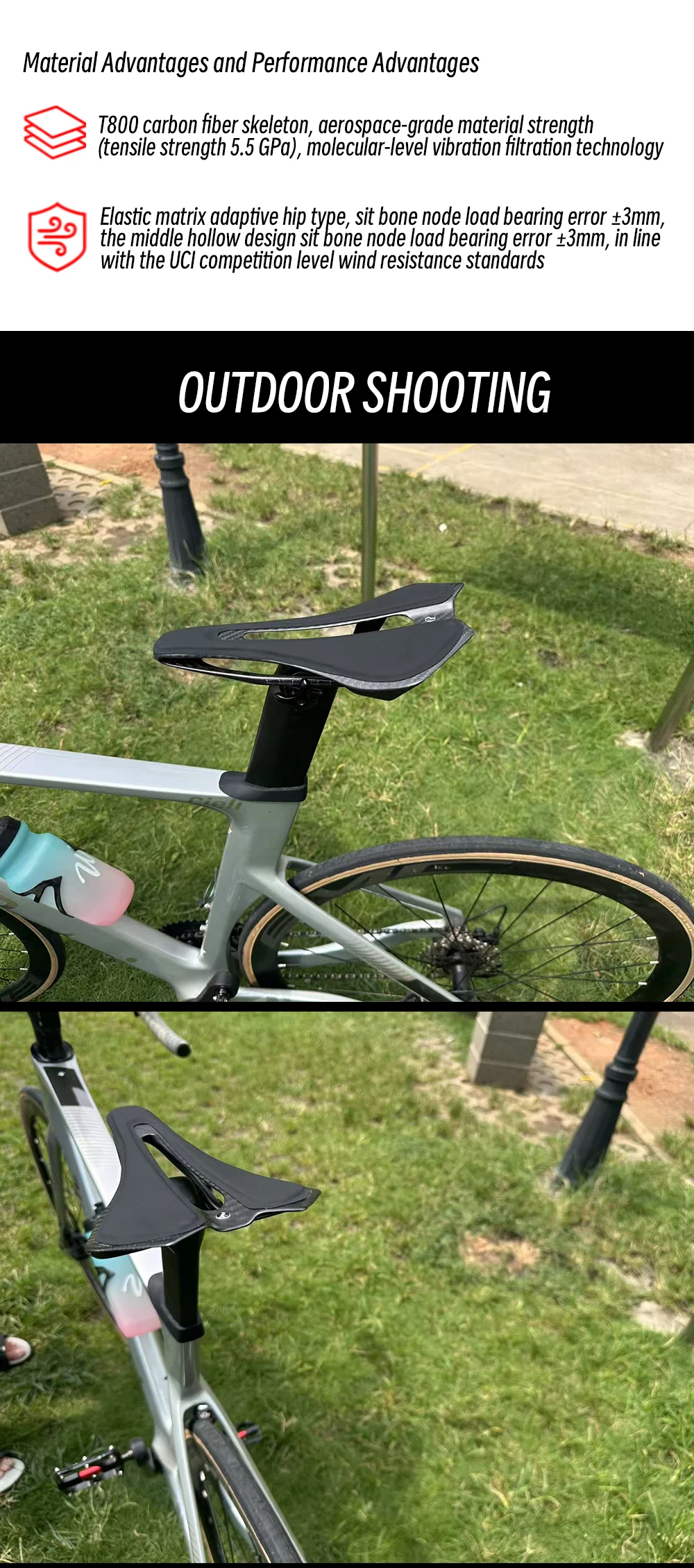 Plselis T800 Integrierter Kohlefasersattel, Fahrradsattel, hochfest, leicht, 100 g, Fahrradkissen, Reiteile – Detail 14